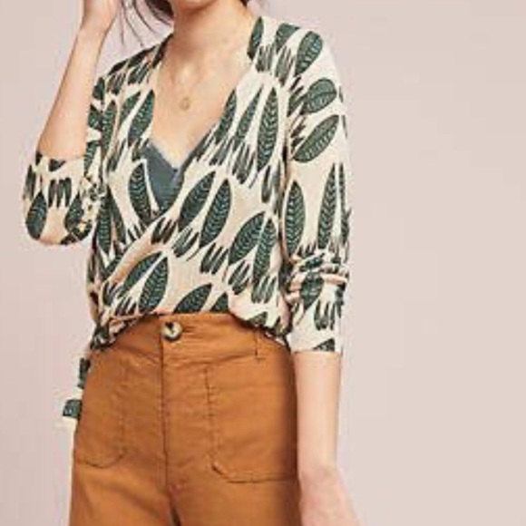SOLD Anthropologie | PepaLoves Leaf Print Long Sleeve Wrap Knit Top Sweater L - Picture 6 of 10